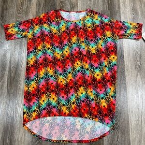 Lularoe Blouse SzXS Irma Aztec Geometic red yellow teal Boho Retro Festival